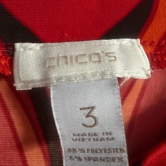 Chico's retro Red/Orange Patterned 3/4 sleeve Blouse ruched waist size 3 (XL) - Picture 8 of 8